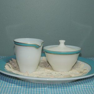 VINTAGE Pyrex Opalware turquoise & gold rim SET Creamer, sugar WITH lid & 12"